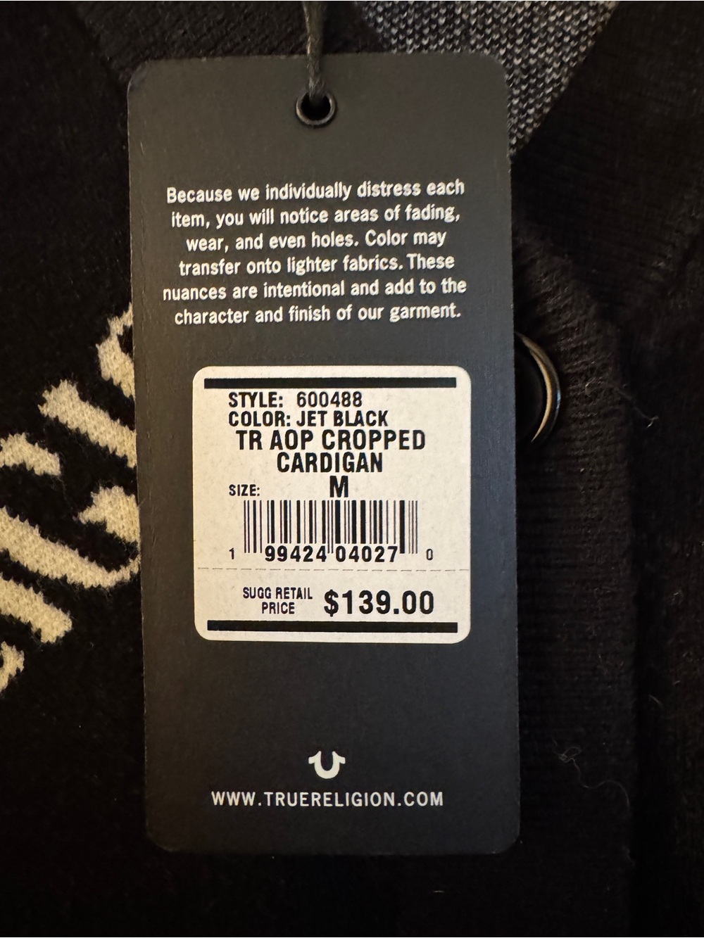 True Religion Jet Black Cropped Cardigan with White Logo - Picture 2 of 6